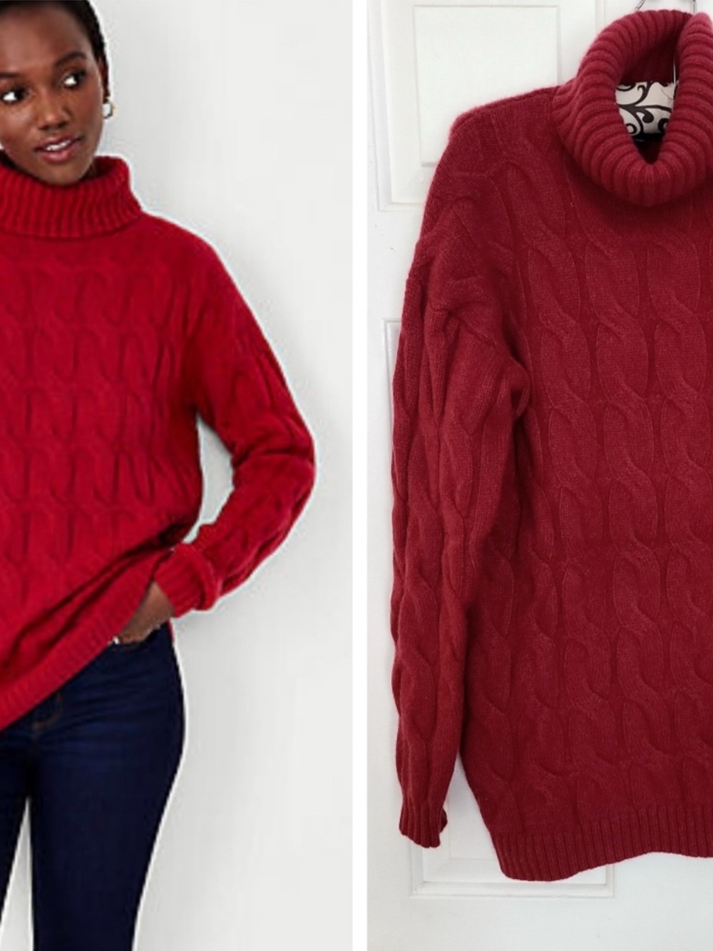 Ann Taylor Cashmere Red Cable Knit Turtleneck Sweater